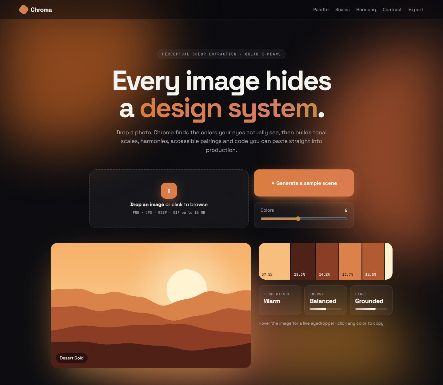 Chroma web app extracting a palette from a desert scene